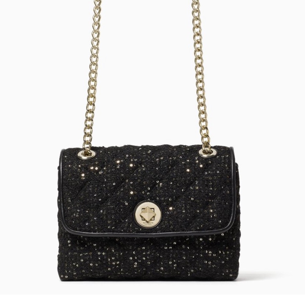KATE SPADE Black & Gold Quilted Sequin Flap Chain Crossbody Shoulder Bag Purse - Picture 10 of 15